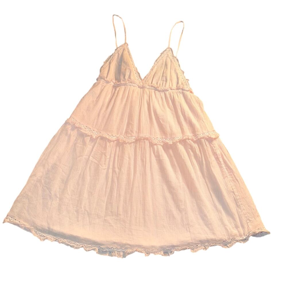 Aritzia Cotton Lace Tiered Mini Dress Pastel Blush Pink Boho Babydoll Sundress